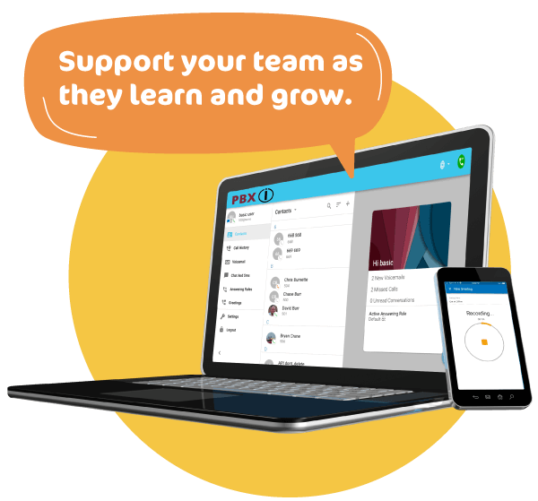 Laptop and phone displaying PBX system with text “Support your team as they learn and grow”.