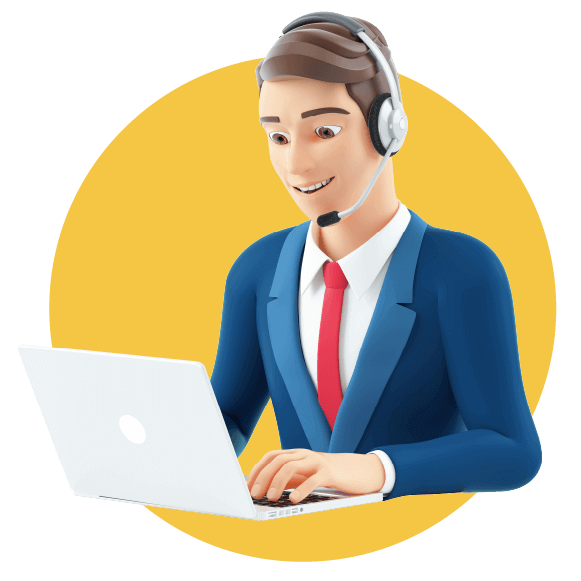 Cartoon support agent wearing headset at laptop.