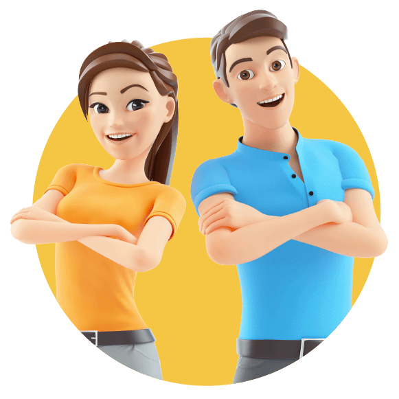 Cartoon man and woman smiling with arms crossed.